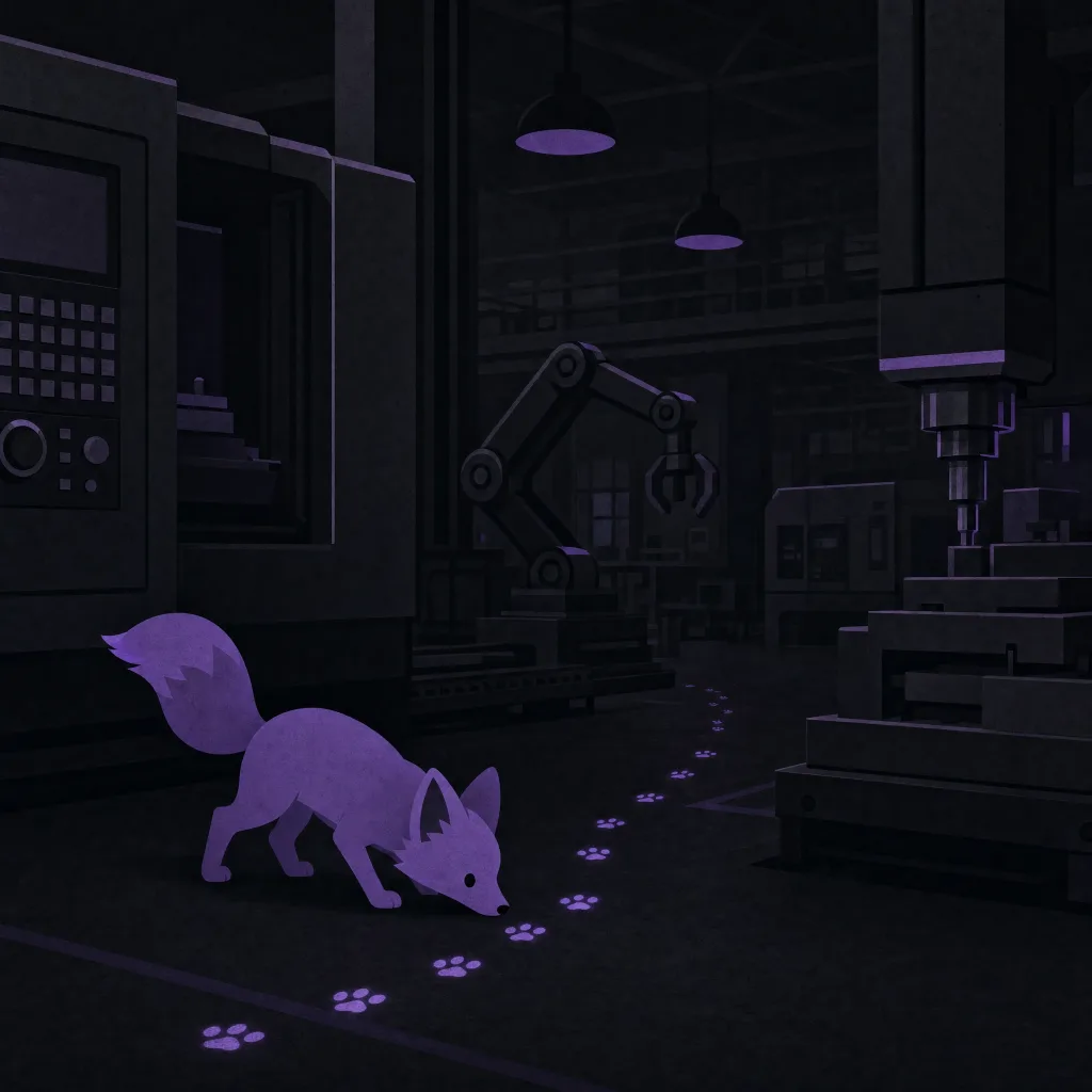 The Xentr fox following a trail of glowing pawprints across a dark factory floor — every step recorded